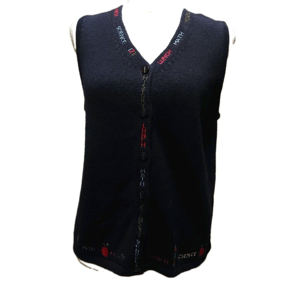 VTG School Teacher Blue Sweater Vest Sz S 123 Science Math History Lunch